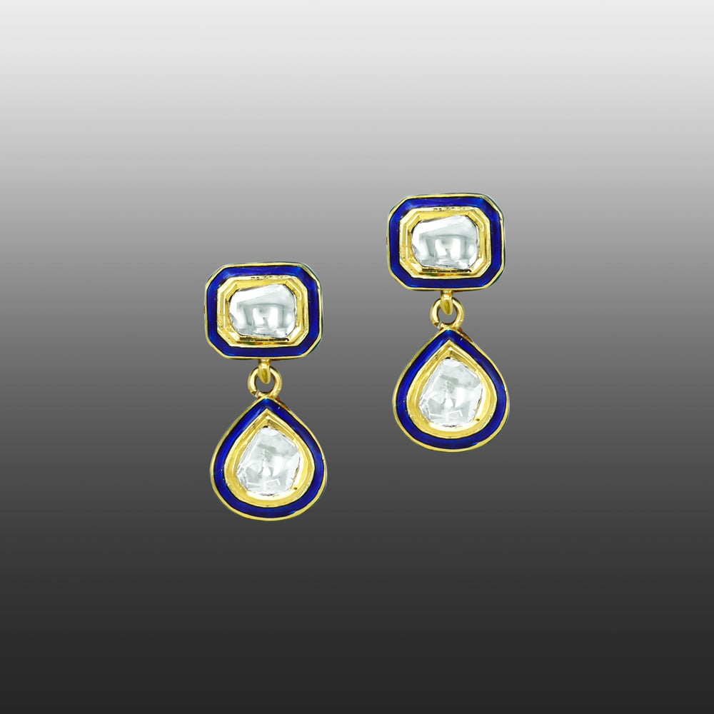 Square and Teardrop Polki Earrings with Blue Meena